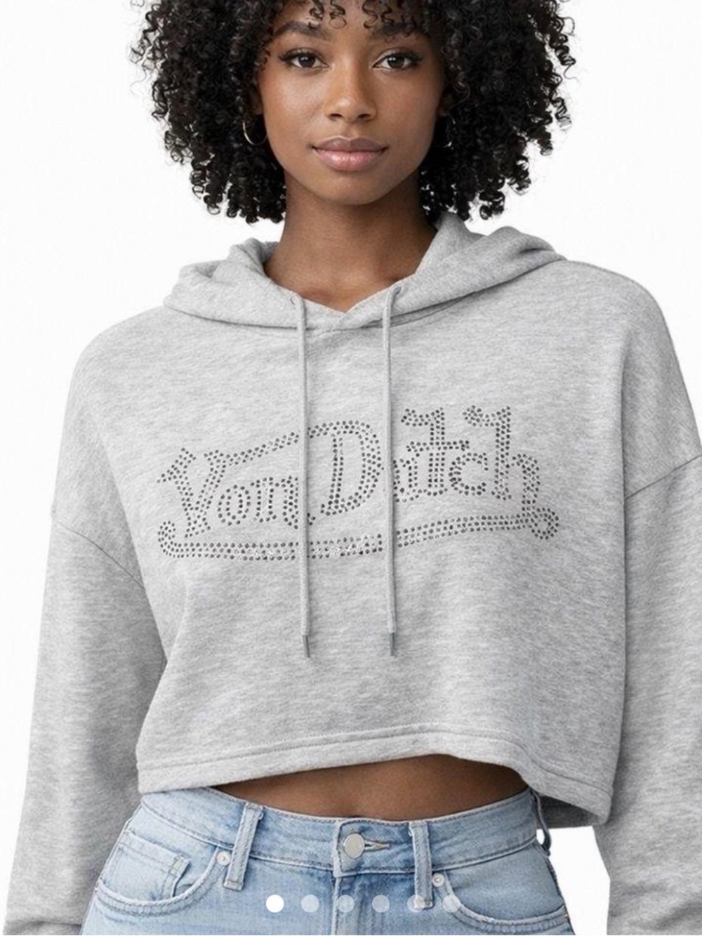 Von Dutch Rhinestone Grey Cropped Hoodie Y2K Style Size M women sweatshirt
